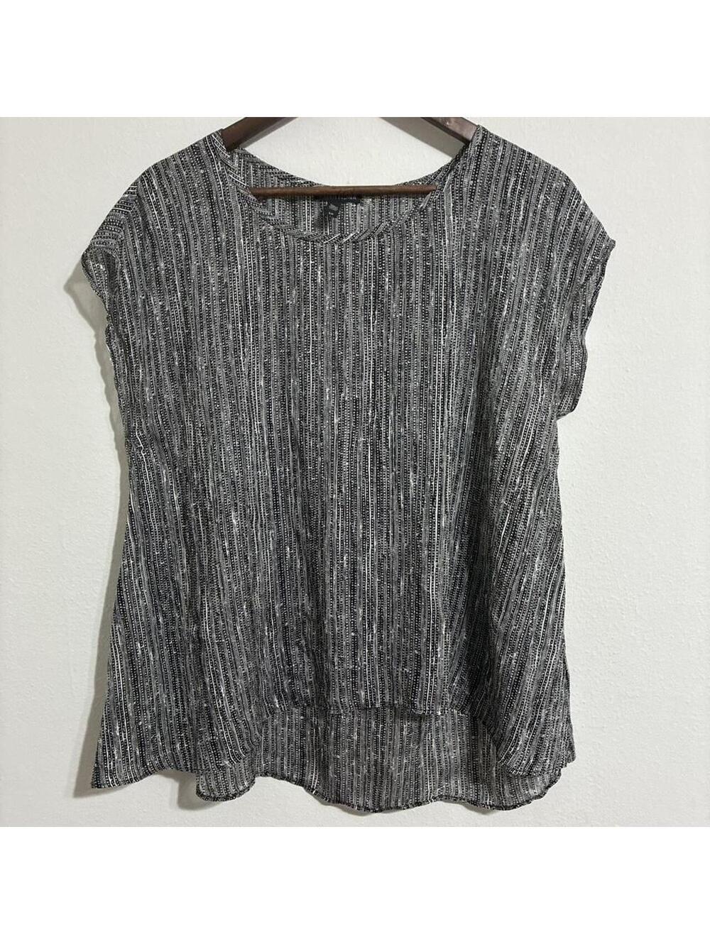 Eileen Fisher 100% Silk Abstract Print Cap Sleeve Blouse Black Ivory Minimalist